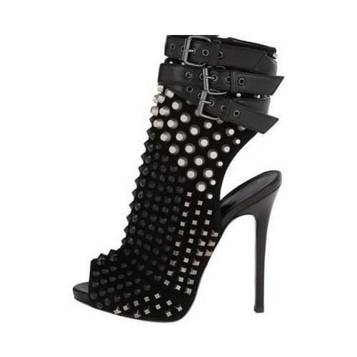 Gold Crystal Stud Embellished Short Ankle Boots Cut-outs Peep Toe Sandal Boots High Heels Summer Lady Suede Boots Shoes