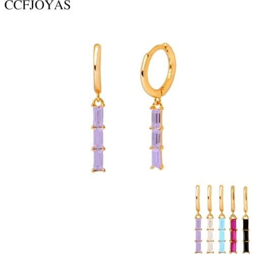 CCFJOYAS 925 Sterling Silver Multi-color three Rectangular Zircon Small Hoop Earrings Purple/blue/white color earrings 2021
