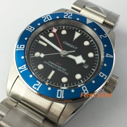Corgeut 41MM Men GMT Watch Sapphire Black Dial Blue Bezel Mechanical Automatic Military Sport Calendar Clock 316L Steel Belt