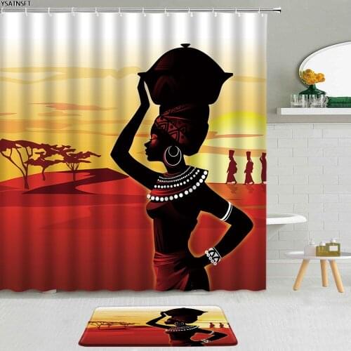 2Pcs Elegant African Girl Shower Curtain 3D Ancient Egypt Mural Classical Woman Bathroom Non-Slip Carpet Bath Mat Curtains Set