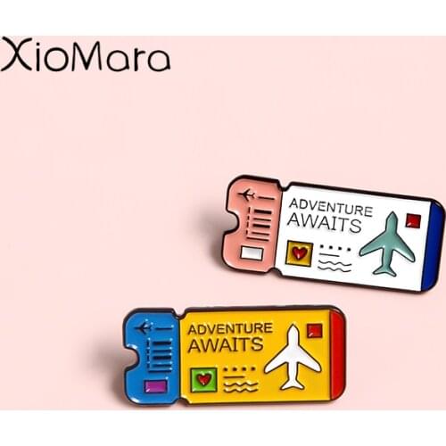 Adventure Awaits Enamel Pin Airplane Tickets Custom Shirt Lapel Bag Badge Outdoors Travel Jewelry Brooches Pins Gift for Friends