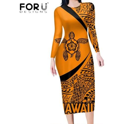 FORUDESIGNS Fashion Style Women Spring Casual Dress Hawaiian Sea Turtle Printing Female Long Sleeves Sexy Bodycon Vestidos