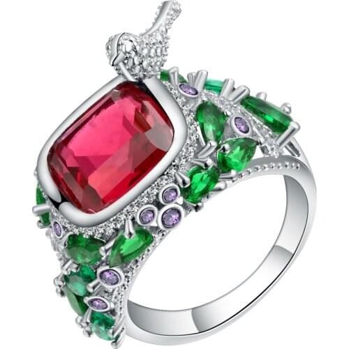 Hainon Exquisite Luxury Bird Rings for women Large Red Square CZ stones Flower rings Silver color Wedding party Rings Jewelry