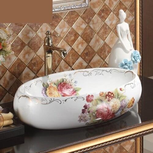 China Painting rose Ceramic Painting Art Lavabo Bathroom Vessel Sinks oval Countertop bathroom sink bowls ceramic wash basin