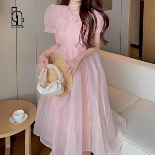 Korean Kawaii Vintage Pink Dress For Women Princess Gauze Sweet Midi Fairy Dress Summer Casual Puff Sleeve Elegant Party Dress