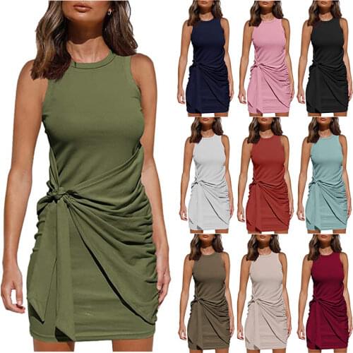 Summer Women Ladies Dress Sleeveless Round Neck Folds Bow Belt Irregular Dress