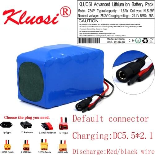 KLUOSI 25.2V 24V 11.6Ah 12Ah 7S4P 29.4V Lithium Battery Pack with 25A BMS for Electric Moped Ebike Scooters Bicycle Wheelchair