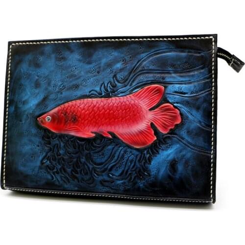 Handmade Men Vegetable Tanned Leather Carvings Red Carp Bag Money Holder Clutch Purse Pocket Man Clutches Envelope Birthday Gift