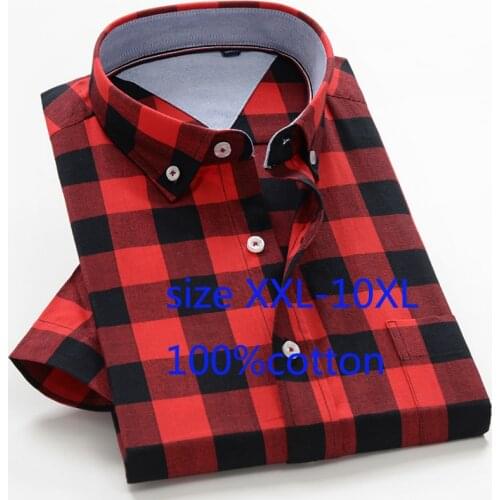 2019 New Fashion Men Short Sleeve Summer Large Thin Loose 100%cotton High Quality Shirts Formal Plaid Plus Size XXL-10XL 42- 50