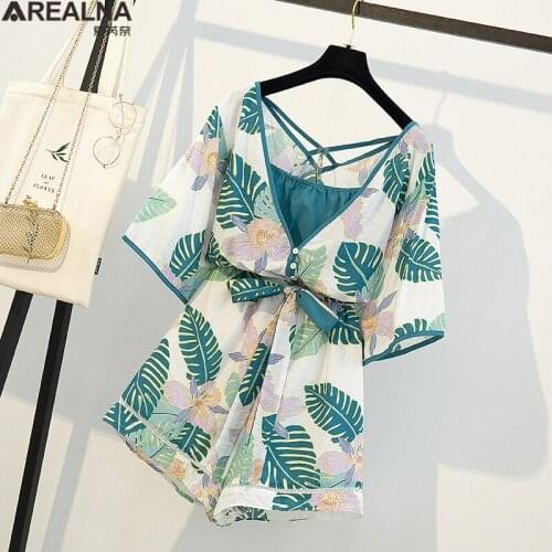 2021 new fashion two piece set women Fresh floral Square collar loose Jumpsuit + camisole bow shorts sets suit plus size M-4XL