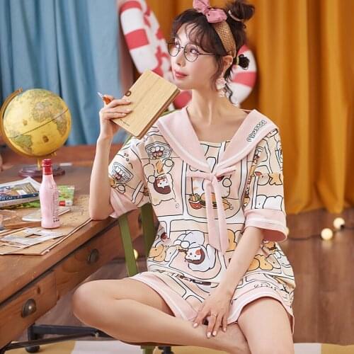 Pajamas For Girls Fashion College Style Kawaii Pink Bows Sweetheart Sleepwear Womens Cotton Short Sleeve Summer Women Homewear