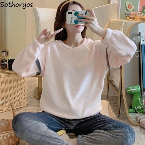 Women Pajama Sets Flannel Two Pieces Comfortable Winter Warm Soft Sweet Girls Simple Sleepwear Student Coral Fleece Pajamas Ins