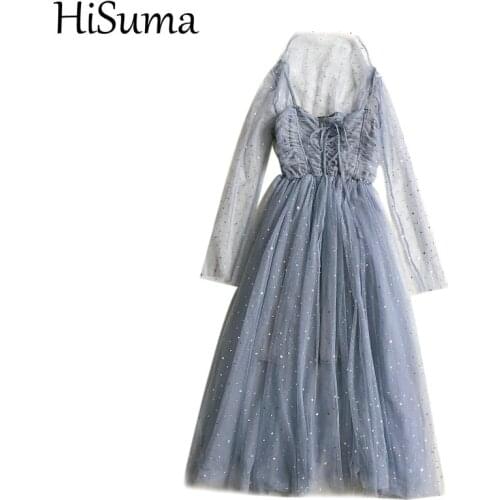 HISUMA Spring Autumn Women Bandage Bling Star Sequin Ruffles Dress Lady Elastic Slim Mesh Gauze Pullover Pleated Midi Chic Dress