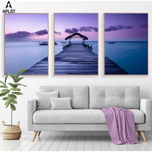Purple Sky Sea Beach View Canvas Prints Nordic Landscape Ocean Picture Poster Wall Art Painting for Home Living Room Decoration