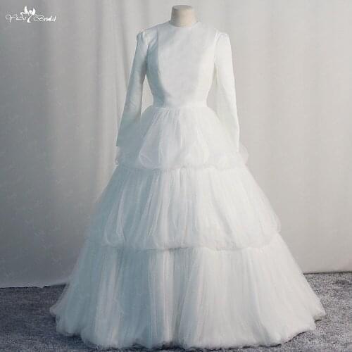 RSW1767 Dots Tulle Puffy Tiered Skirt Round Neckline Long Sleeve Robe Princesse Enfant Fille