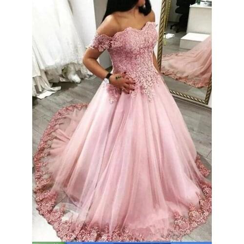Pink Quinceanera Dresses Off Shoulder Lace Appliqued Ball Gown Lace up back Sweet 16 Dress Vestidos 15 anos Tulle Court Train
