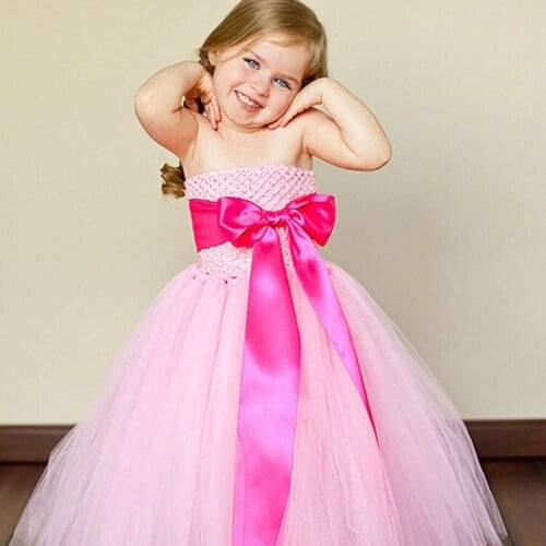 Girls Pink Crochet Tutu Dress Kids Corset Tulle Dress Long Ball Gown with Big Ribbon Bow Waist Children Party Costume Dresses