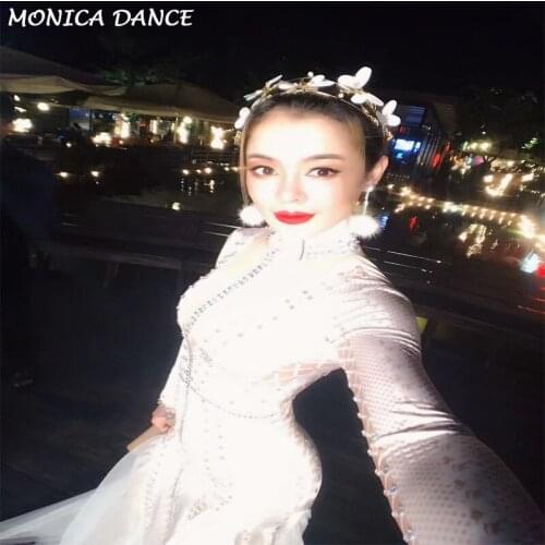 Sexy Stage White Long Dress Sparkling Crystals Nightclub Party Clothing Stage Wear Costume Bling Women Outfit Birthday Clothes