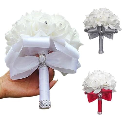 Bridal Ribbon Rhinestones Vivid Fake Artificial Flower Bouquet Wedding Banquet Decor Photography Prop Home Decoration