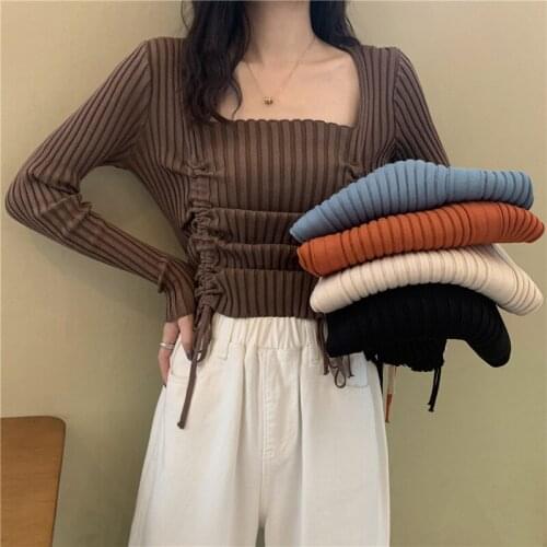 Knitted Shirts Sexy Long Sleeve Ruched Slim Women Crop Top Spring Streetwear Soild O-Neck Drawstring Solid Female Short T-Shirt