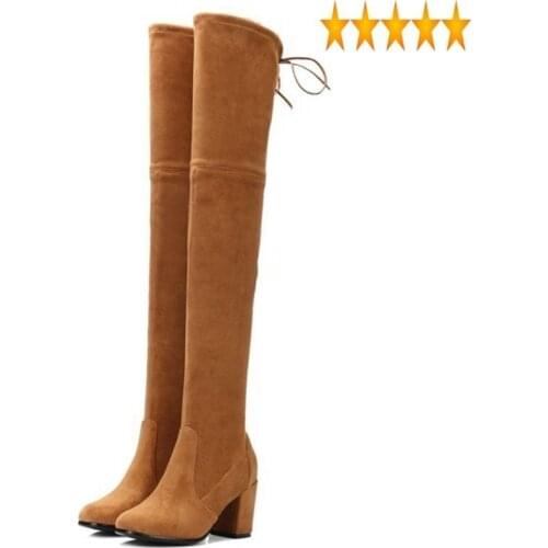 The Winter New Retro Over Knee High Block Heel Real Sheepskin Suede Slim Fit Womens Shoes Sexy Soft Slip On Knight Boots