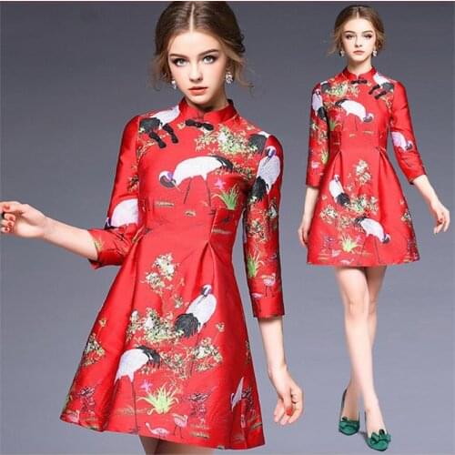 145cm width France imported red crane printed jacquard tapestry satin jacquard fabric fashion fabric DIY clothing