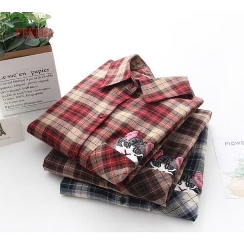 FEKEHA 2018 Spring Autumn Women Plaid Blouse And Shirt 100% Cotton Cat Embroidery Tops Long Sleeve Retro Loose Student Outwear