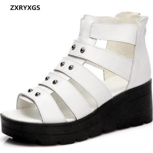 Promotion Summer Roman Sandals Fish Mouth Shoes Woman New 2021 Light Thick Bottom Wedges Sandals Heighten Shoes Cowhide Sandals