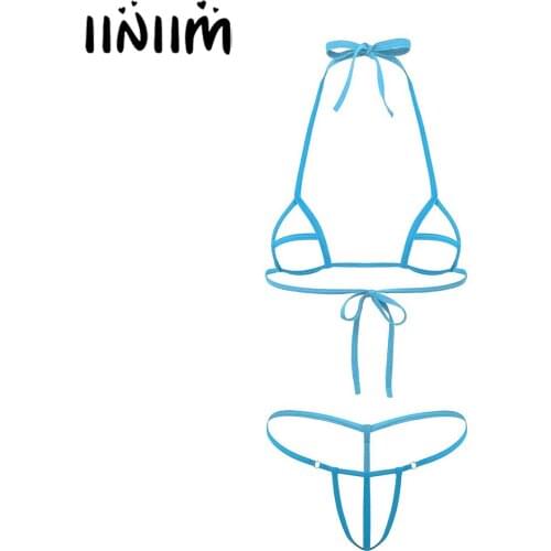Womens Japan Summer Mini Lingerie Set Hollow Out micro Bikini Tie-on Open Hole Bra Top with Crotchless Briefs Thong Underwear
