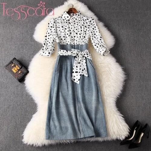 TESSCARA Women Runway Designer Patchwork Denim Dress Shirt High Quality Vintage Cocktail Party Robe Femme Dot Casual Vestidos