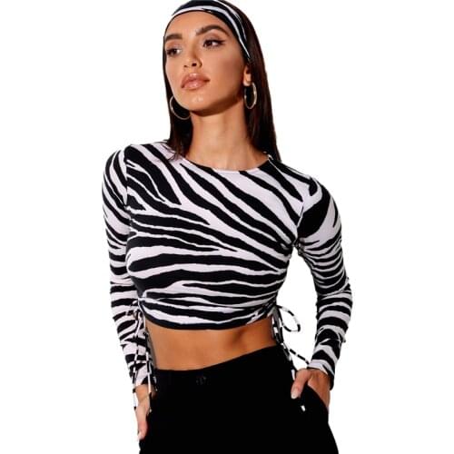 2021 Fashion Trend Women Zebra-stripe Crop Top Stylish Long Sleeve Drawstring Skinny Fitting Casual Stylish T-shirt Tees