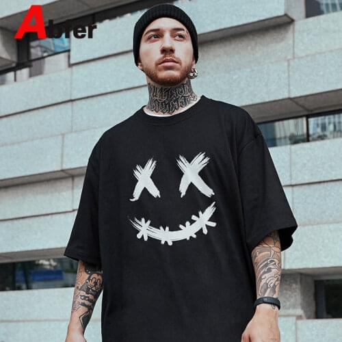 Abfer Summer Tops Tees Hip Hop Men Oversized M~5XL T Shirt Summer Graphic T Shirt Smiley T-shirt Men Cotton Couple Black White