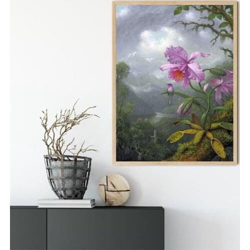 Antique Botanical Print Pink Orchid Rainforest Illustration Poster Vintage Wall Art Canvas Painting Hummingbird Picture Decor
