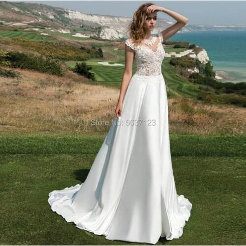 Bohemia A Line Chiffon Wedding Dresses O Neck Cap Sleeves Floor Length Vestido De Noiva Lace Appliques Button Boho Bridal Gowns