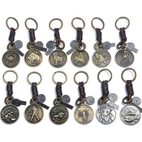 LETAPI New Fashion Genuine Leather Weave Zodiac Sign Keychain Punk Vintage 12 Constellation Key Ring for Men Women