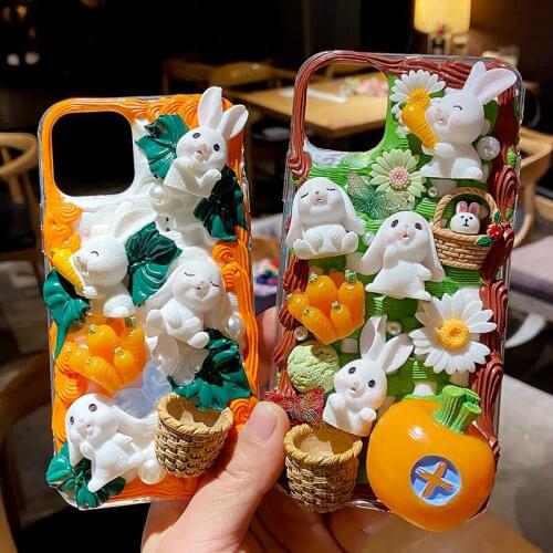 Handmade For iPhone 12/11 pro max DIY case iP SE 7/8plus Cartoon Rabbit phone Cover 6/6s+ cream shell XR XS MAX Cute couple gift