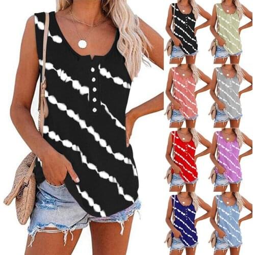 Diagonal Stripes Printing Summer Sleeveless Ladies Tank Comfortable Leisure Buttons O-Neck Vest Bright Color Womens Tanks