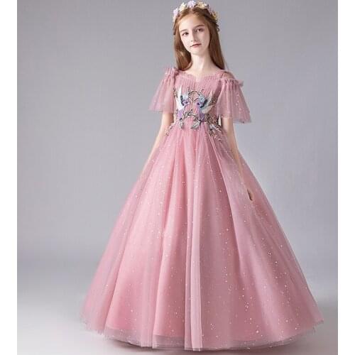 Flower Girl Dresses Princess Off The Shoulder Beading Sequined Pleat Ball Gown Boat Neck Tulle Embroidery Kids Party Skirt H111