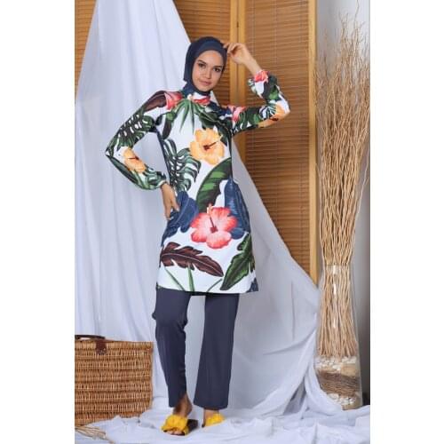 Womens Long Sleeve Flower Print Flare Hijab Swimwear 20120 Anthracite