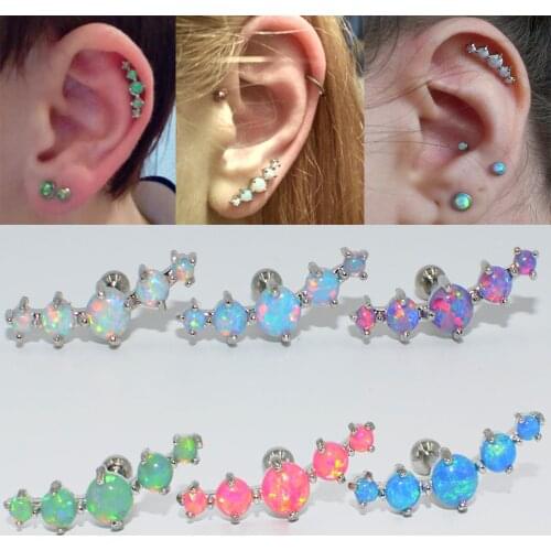 Drealee 1PC 16g Stainless Steel 1Pc Hot sale Opal Prong set Ear Tragus Cartilage Helix Earring Stud Piercing Body Jewelry