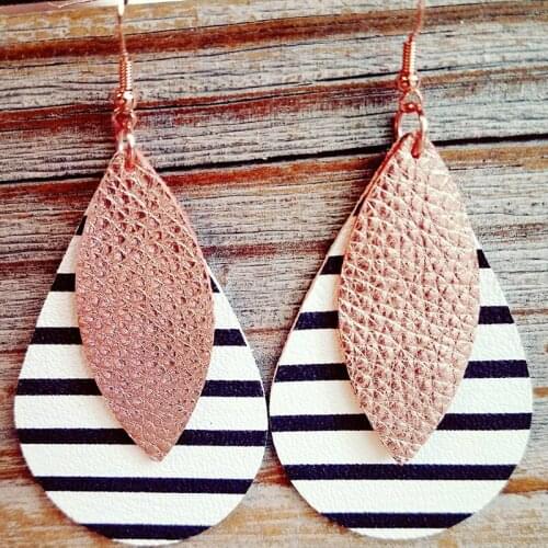 2019 Fashion Double Layers Leather Teardrop Glitter Leopard Water Drop Leaf Earrings Leather Double Drop Earrings