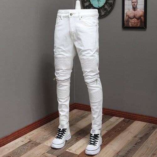 American Street Style Fashion Men Jeans White Color Elastic Slim Fit Biker Jeans Men Spliced Designer Hip Hop Denim Punk Pants