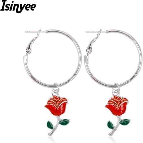 ISINYEE Fashion Enamel Rose Flower Dangle Earrings For Women Bijoux Trendy Statement Round Circle Earring Summer Jewelry