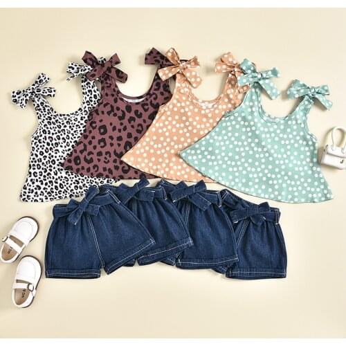 New Arrival Children Girls Fashion Summer Clothes Set 2 Pieces Suit Dot/Leopard Printed Sleeveless Tops+Denim Shorts