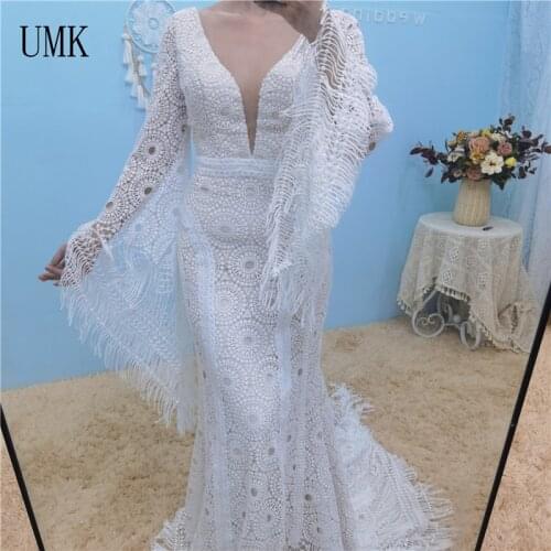 UMK Boho Crochet Lace Mermaid Wedding Dress Sexy Deep V Backless Tassel Long Sleeve Vintage Bohemian Bridal Gowns
