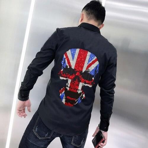 Young Korean Version Spring Autumn Popular Mens Shirt Shiny Hot Drilling High Quality Slim Fashion Long Sleeves