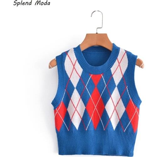 2021 Early Autumn New Fashion Vintage Preppy Style Plaid O-Neck Knitted Sleeveless Tank Top Slim-Fit Sweater Pullover Women