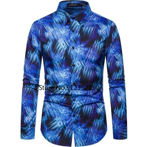 Fashion Blue Print Shirt Men 2021 Spring Autumn New Slim Fit Long Sleeve Chemise Homme Casual Streetwear Mens Dress Shirts XXL