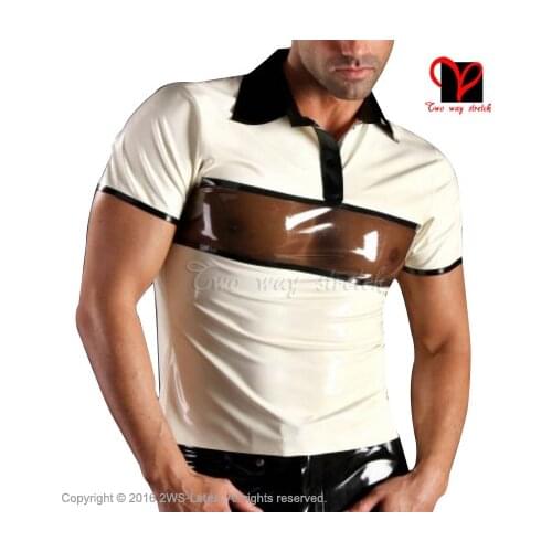Sexy Latex shirt turn down collar White with transparent black Rubber shirt Top clothes clothing plus size XXXL SY-038