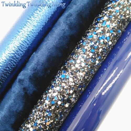 BLUE Glitter Fabric, Velvet Fabric, Patent Faux Leather Fabric, Litchi Vinyl For Bows A4 Size 8"x11" Twinkling Ming XM138
